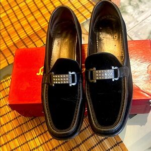 Ferragamo Woman’s Black Loafers with Silver Accent
